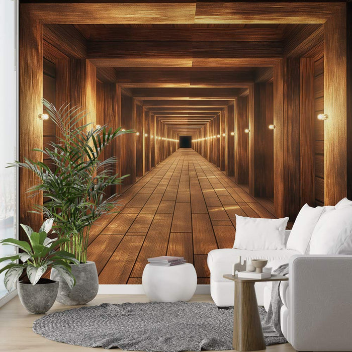 Mural Wallpaper Optical Illusion | Infinite Wooden Tunnel