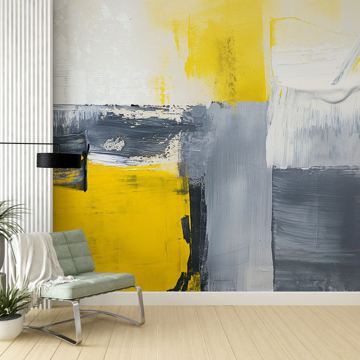 Foto Behang abstract schilderij | Moderne stijl met gele grijze witte accenten