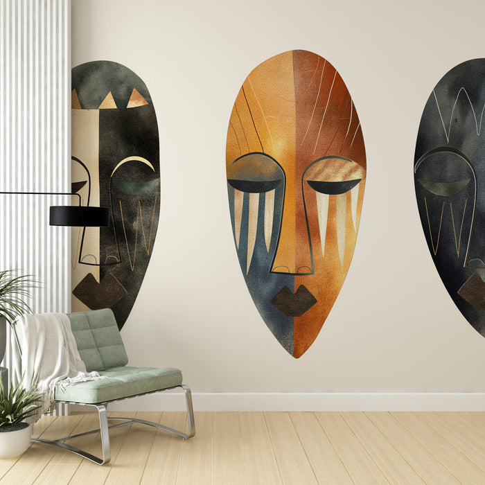 Mural Tapet African Ethnic | Three Tribal Masks with Golden Trends