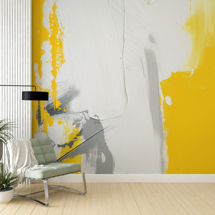 Papel de parede pintura abstrata | Amarelo branco cinza