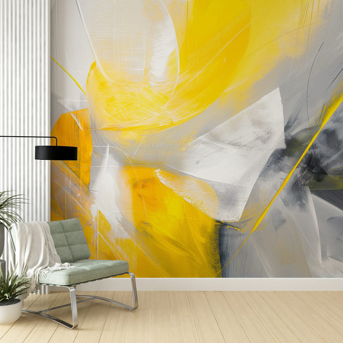 Papel de parede pintura abstrata | Estilo contemporâneo entre amarelo e cinza