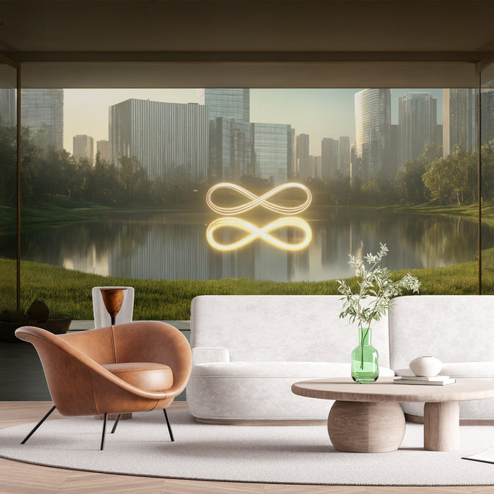 Papel de parede paisagem urbana | Quarto inspirador com vista para a cidade e lago natural