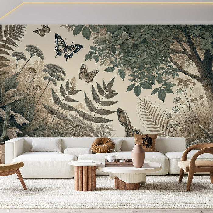 Forest Mural Wallpaper | Rabbit, Butterflies, and Vegetation with Sepia Tones
