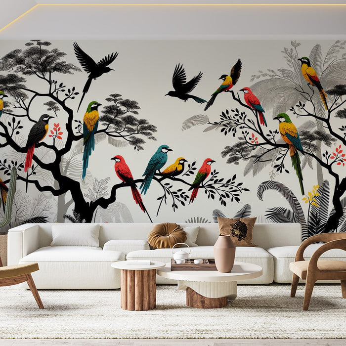 Black and White Mural Wallpaper | Colorful Tropical Birds