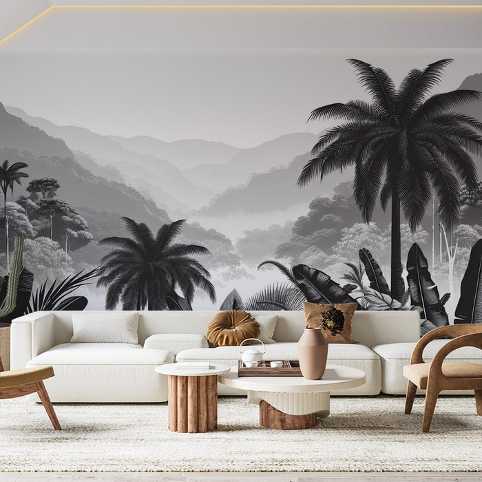 Tree Mural Wallpaper | Foliage and Palm Trees with Mountainous Relief