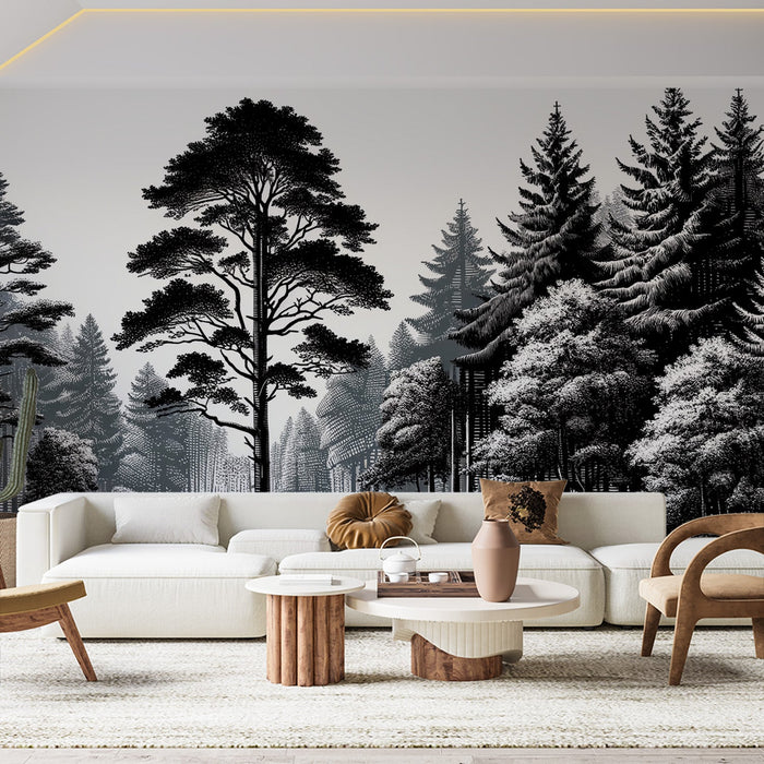 Papel pintado de mural de árbol en blanco y negro | Árboles de pino, árboles altos y arbustos