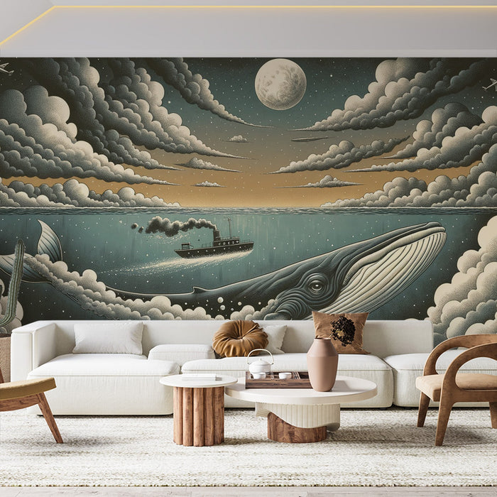 Papel de parede com mural de baleia | Sob a lua com nuvens estreladas e navio