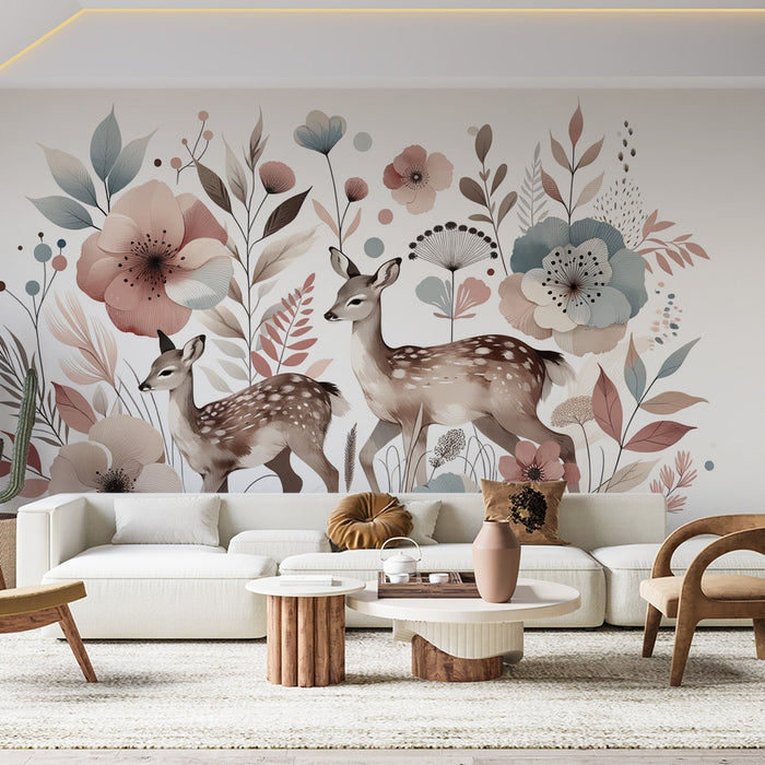 Deer Mural Wallpaper | Red and Blue Floral Décor