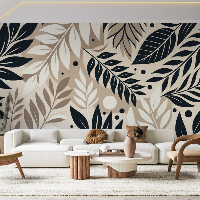Black and White Foliage Mural Wallpaper | Beige Background with Black Leaves