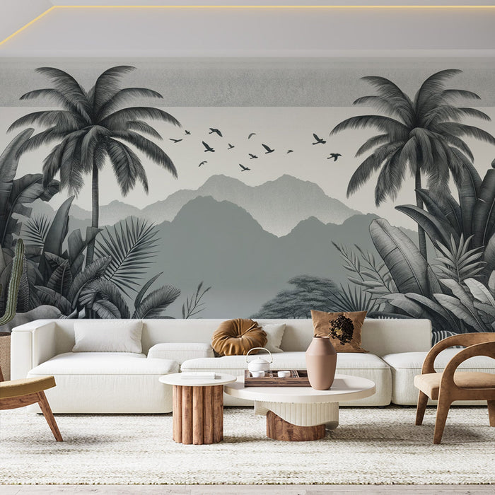 Tropical Foliage Mural Wallpaper | Rhinoceroses and Zebras with Mountainous Relief