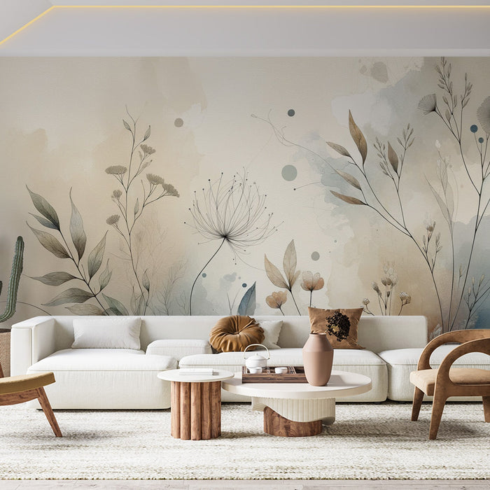 Floral Mural Wallpaper | Flowers and Wild Herbs with Beige and Blue Watercolor Tones