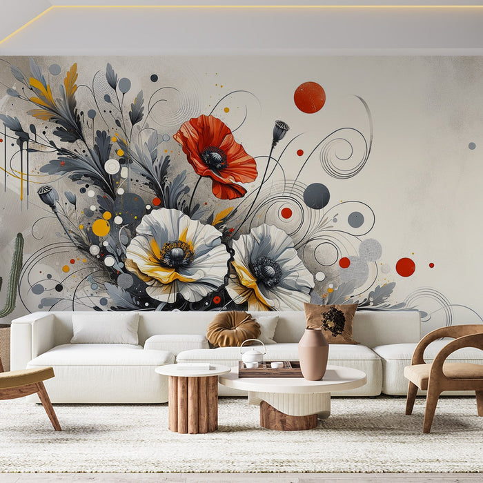 Papel de parede com mural de flores | Pétalas brancas e vermelhas com estilo vintage