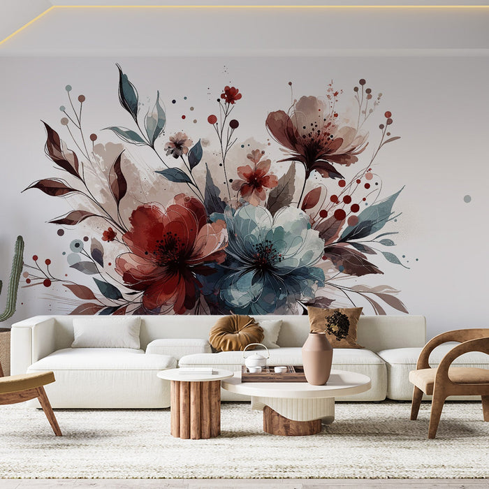 Floral Mural Wallpaper | Blue and Red Composition with Petals and Foliage