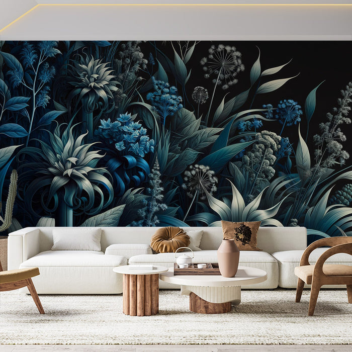 Kukkakuvioinen seinätapetti | Tyyliteltyä kasvillisuutta ja kukkia keskiyön sinisen ja hopean sävyissä
