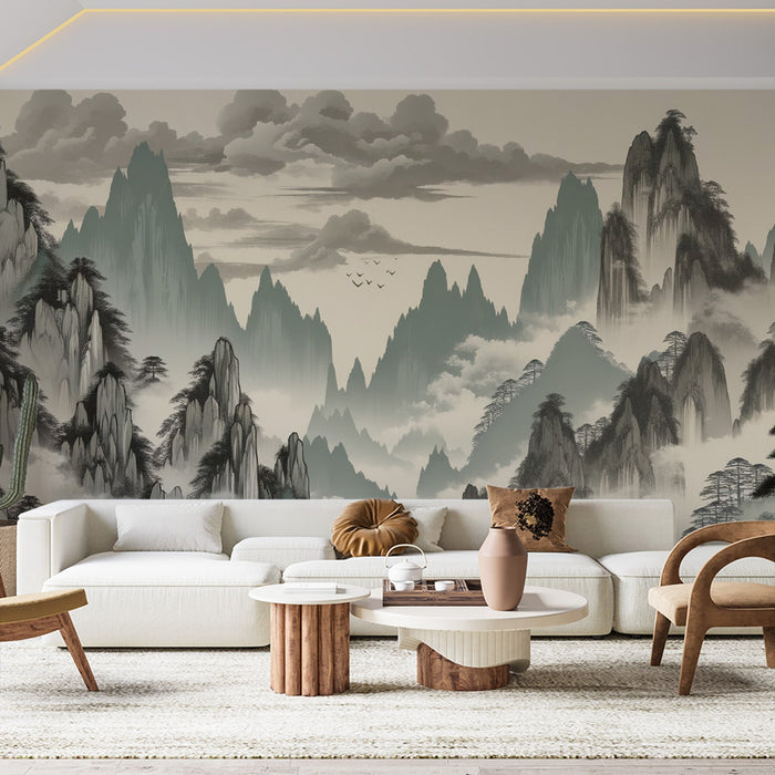 Japanese Mural Wallpaper | Serene Japanese Mountains and Trees in Muted Colors