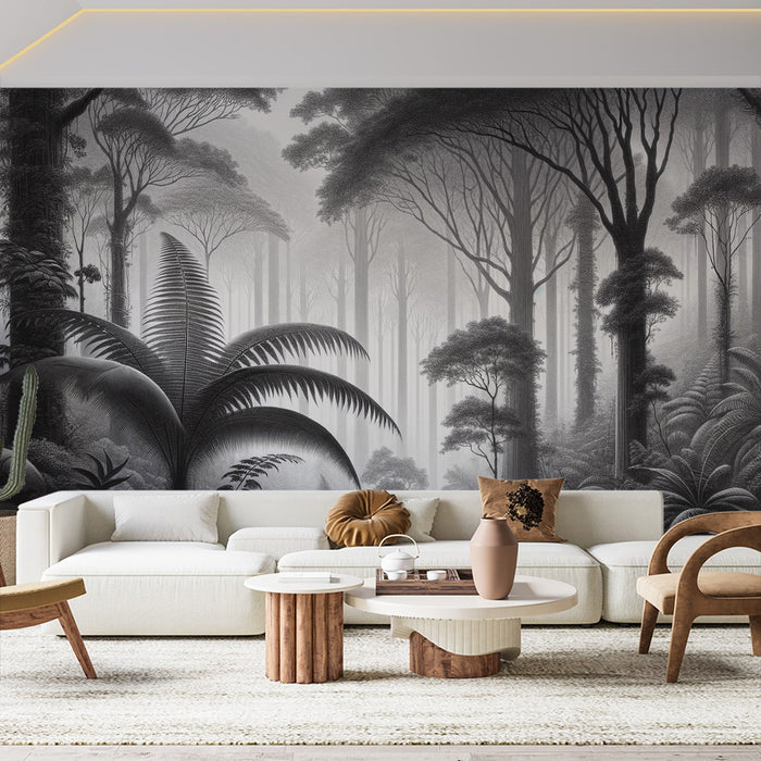 Papel pintado de jungla | Bosque tropical en blanco y negro con helechos y árboles antiguos