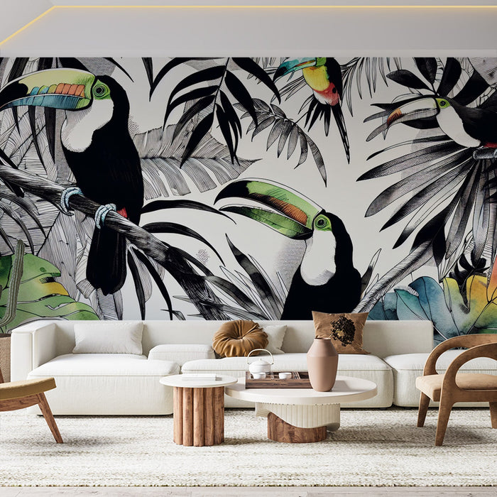 Black and White Mural Wallpaper | Colorful Toucans with Black and White Foliage