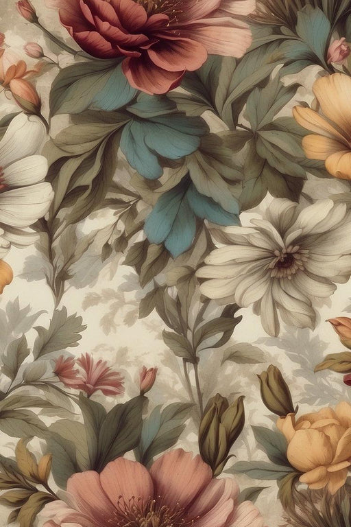 Colorful Vintage Floral Mural Wallpaper | Neutral Tone and Aged