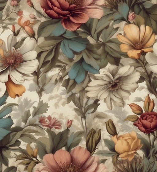 Colorful Vintage Floral Mural Wallpaper | Neutral Tone and Aged