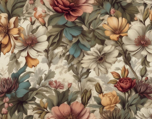 Colorful Vintage Floral Mural Wallpaper | Neutral Tone and Aged