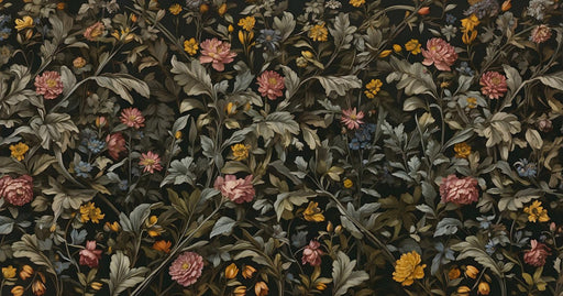 Vintage Floral Mural Wallpaper | Neutral Floral Mural on Black Background
