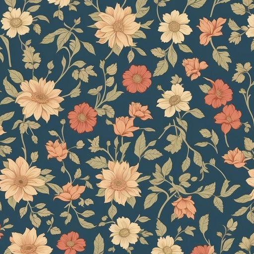 Vintage Floral Mural Wallpaper | Yellow and Red Floral Cascade on Midnight Blue Background