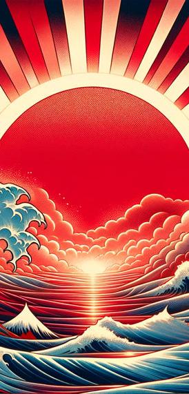 Japanese Wave Mural Wallpaper | With Animated Red Sun