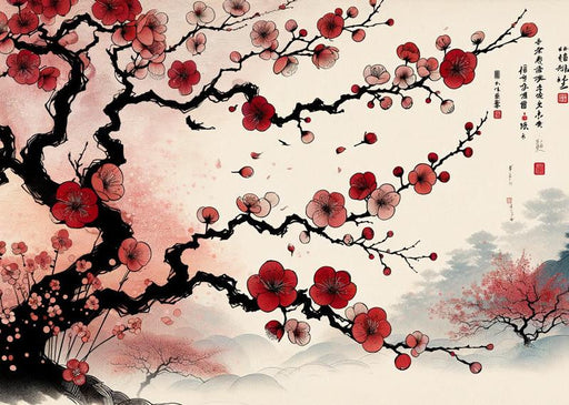 Japanese Cherry Blossom Mural Wallpaper | Red with Japanese Writing