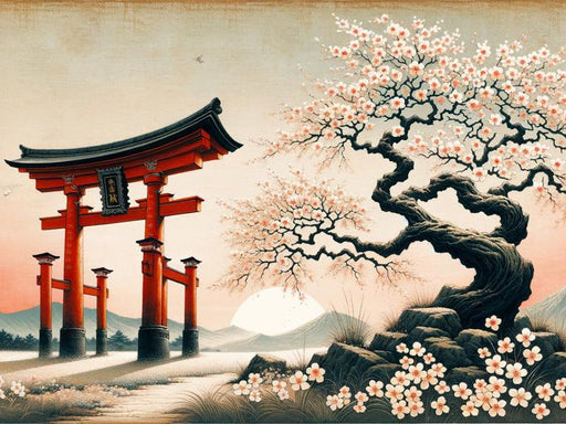 Japanese Cherry Blossom Mural Wallpaper | White Flowers with Japanese Arch
