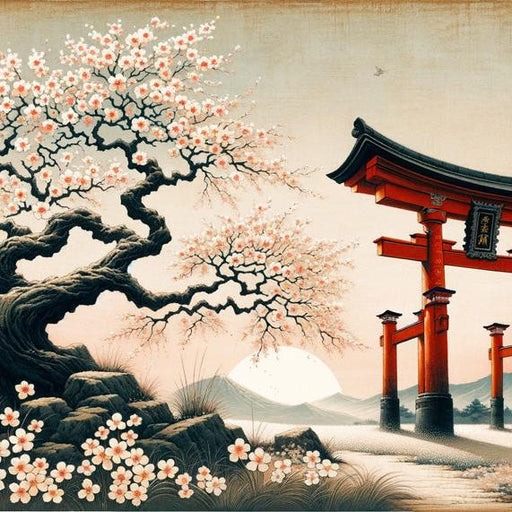 Japanese Cherry Blossom Mural Wallpaper | White Flowers with Japanese Arch