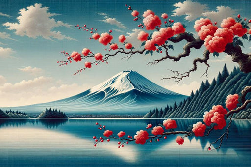 Japanese Mural Wallpaper | Mount Fuji and Red Japanese Cherry Blossom
