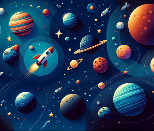 Space Mural Wallpaper | Cartoon Drawing of Planet and Rocket