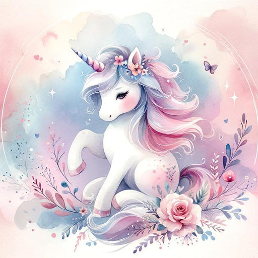 Unicorn Mural Wallpaper | Watercolor Flowers and Little Unicorn