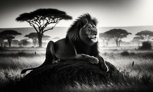 Black and White Lion Mural Wallpaper | On a Rock in the Middle of the Savannah