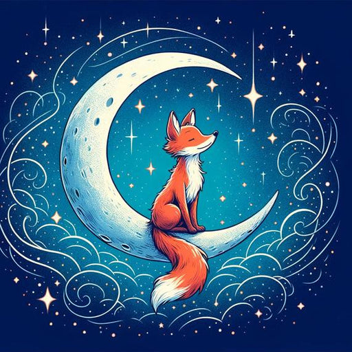 Fox Mural Wallpaper | Midnight Blue, Star, and Crescent Moon