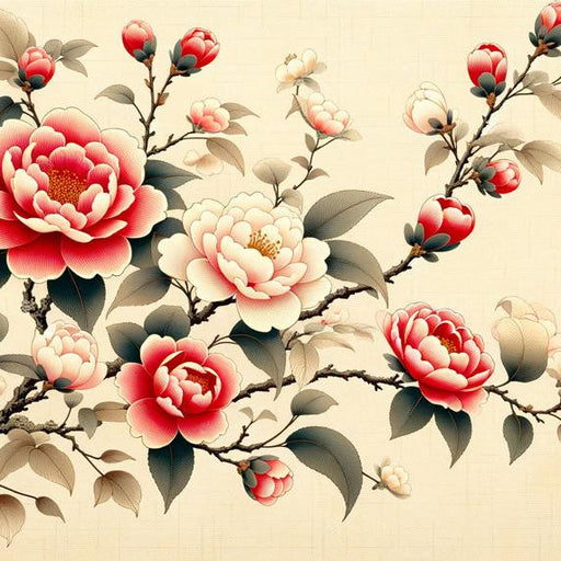 Japanese Flower Mural Wallpaper | Pink and White Camellia Flowers