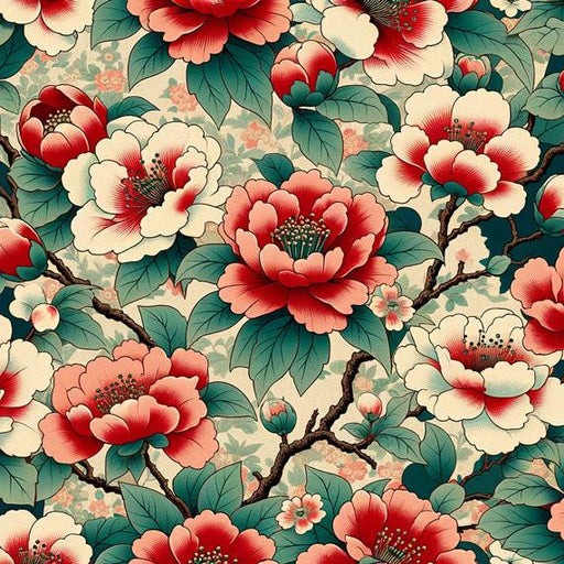 Japanese Flower Mural Wallpaper | Vintage Style Camellia Flowers