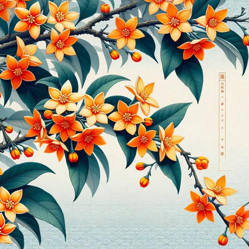 Japanese Flower Mural Wallpaper | Orange Camellia Flowers with Waves
