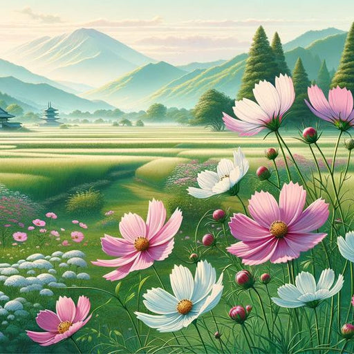 Japanese Flower Mural Wallpaper | Pink and White Kosumosu Flowers with Mountain