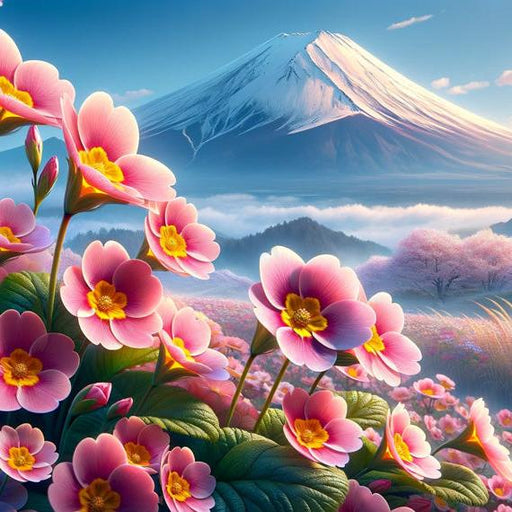Japanese Flower Mural Wallpaper | Pink Flowers and Mount Fuji