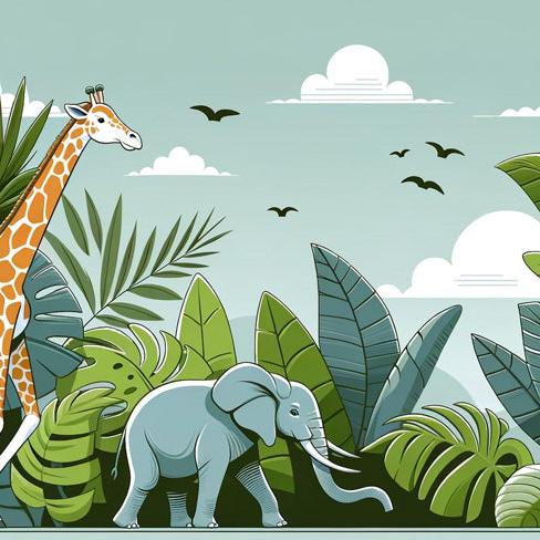 Children's Jungle Mural Wallpaper | Foliage, Giraffe, and Elephant