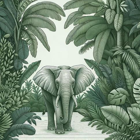 Green Jungle Mural Wallpaper | Elephant in the midst of foliage