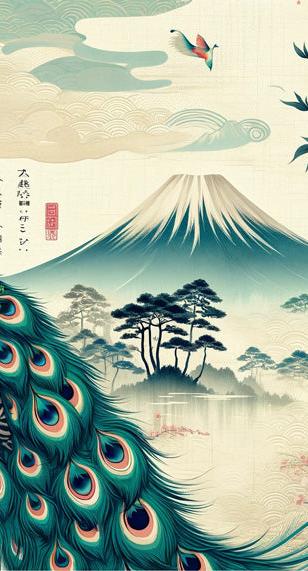 Japanese Peacock Mural Wallpaper | Mount Fuji and Traditional Flowers