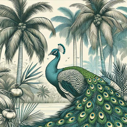 Peacock Mural Wallpaper | Palm Tree and Colorful Peacock