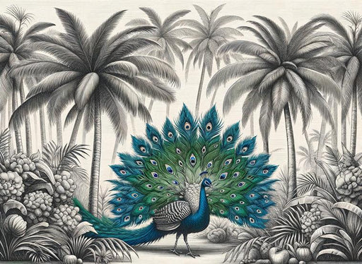 Peacock Mural Wallpaper | Black and White Palm Tree and Colorful Peacock