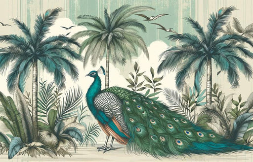 Peacock Mural Wallpaper | Palm Trees, Birds, and Clouds