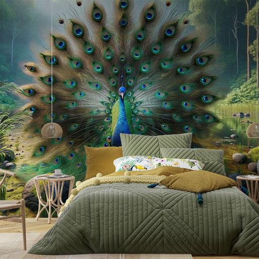 Realistic Peacock Mural Wallpaper | Forest and Peacock Feather