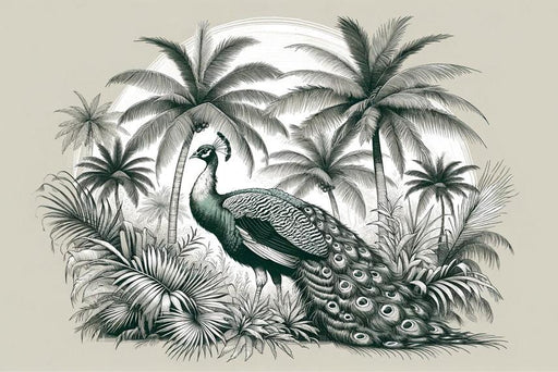 Peacock Mural Wallpaper | Neutral Tones with Palm Trees