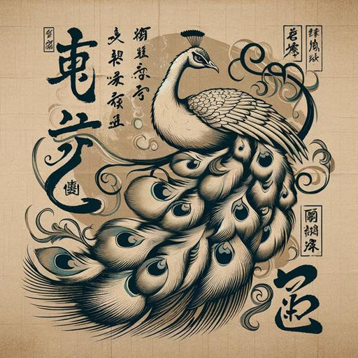 Peacock Mural Wallpaper | Vintage with Japanese Writings