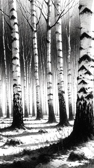 Birch Mural Wallpaper | Black and White Drawing of a Birch Forest